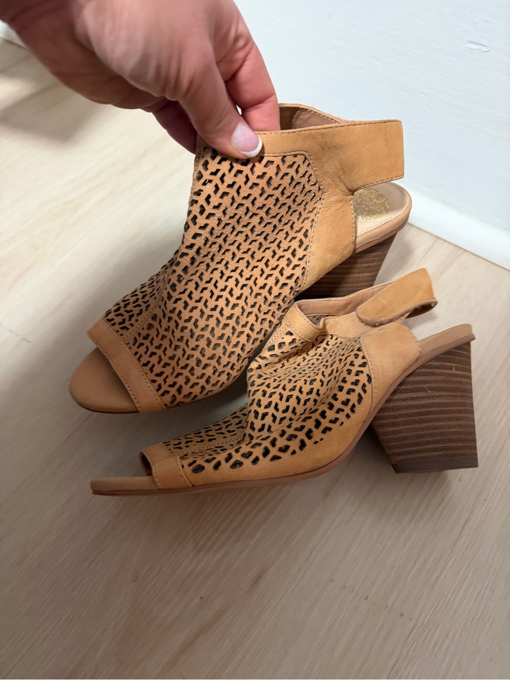 Vince Camuto Tan Perforated Open-Toe Block Heel Slingbacks (7.5 wide)